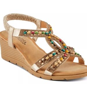 Patricia Wedge Sandal Gold-tone & Colorful Stone Bejeweled Size 41